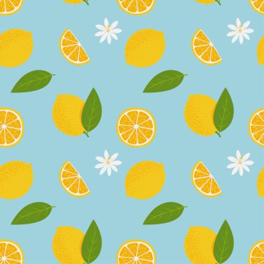 Tropical seamless pattern with yellow lemons fruit slices. Hand-drawn Vector Illustration for print fabric or wallpaper