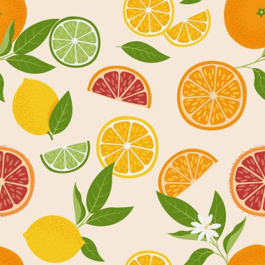 Tropical seamless pattern with yellow lemon, orange, lime, and grapefruit. Citrus Fruit bright background. Vector Illustration for print fabric or wallpaper