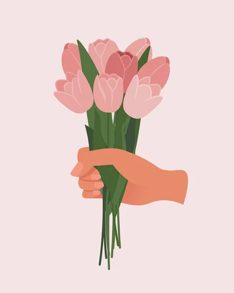Hand Holding Tulips Bouquet Flat Vector Illustration — Stock Vector