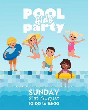 Çocuklar Havuz Partisi Posteri. Havuzda yüzen çocuklar. Çizgi film düz stiliyle şirin Vektör illüstrasyonu