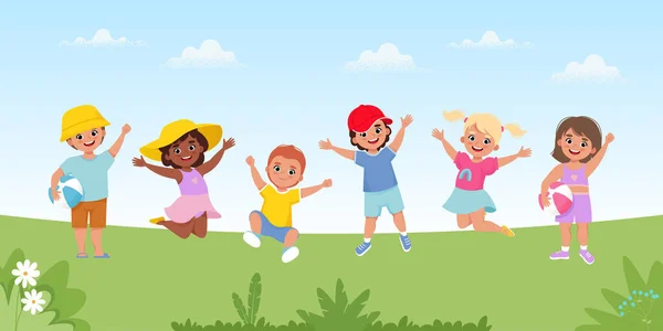 Kinder Springen Sommerlichen Hintergrund Glückliche Kinder Spielen Spaß Freundschaft Und — Stockvektor