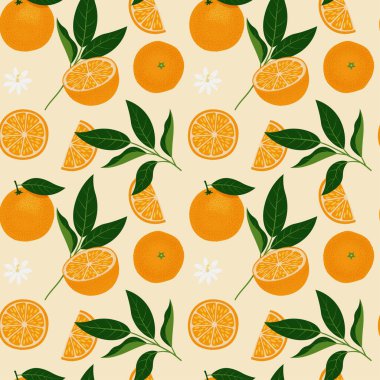 Turuncu narenciyeli tropikal desenler meyve ve yaprakları keser. Vektör İllüstrasyonu