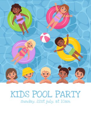 Çocuklar Havuz Partisi Posteri. Havuzda lastik halkalarla yüzen çocuklar. Düz biçimli vektör illüstrasyonu