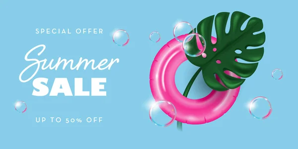Letní Prodejní Banner Nafukovacím Kroužkem Monstera Leaf Mýdlovými Bublinami Vektorová — Stockový vektor