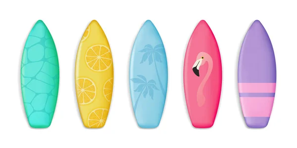 夏季冲浪板设置 矢量插画冲浪板 用3D风格的彩色图案装饰 — 图库矢量图片