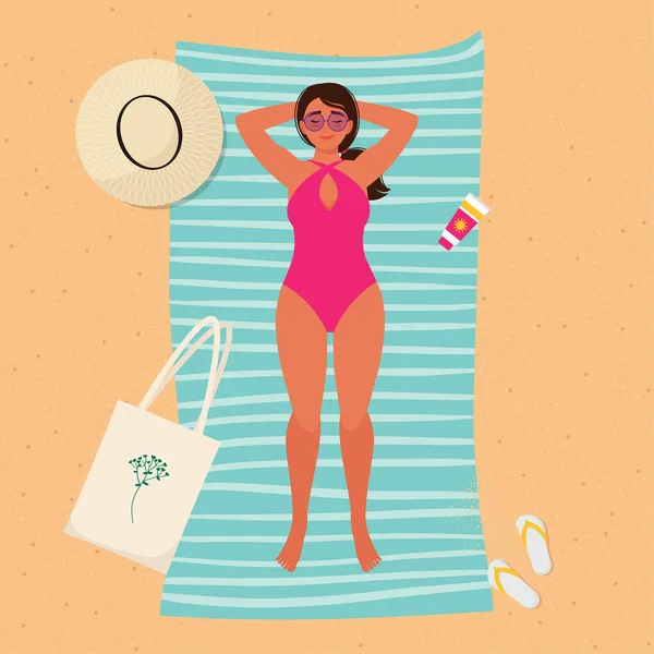 Γυναίκα Ηλιοθεραπεία Στην Παραλία Της Άμμου Ένα Καλοκαίρι Επίπεδη Διανυσματική — Διανυσματικό Αρχείο