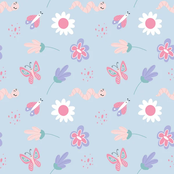 子供かわいい蝶 ワームや花とシームレスなパターン 単純なスタイルでベクトルイラスト — ストックベクタ