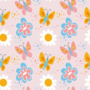 Şirin karalama kelebekleri ve çiçekleri olan kusursuz çocuklar. Basit biçimdeki vektör illüstrasyonu