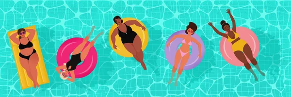 不同的女人穿着泳衣在一个充气圈 人们在游泳池里 平面样式的矢量图解 — 图库矢量图片