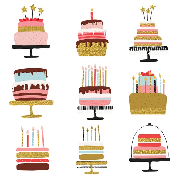 Happy Birthday Kuchen Sammlung Festlich Süßes Schmackhaftes Dessert Einem Niedlichen — Stockvektor