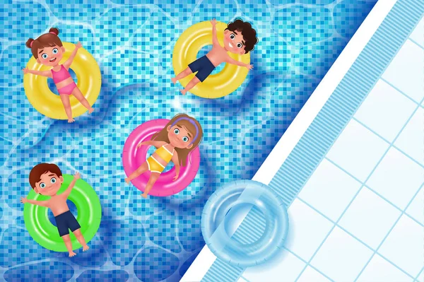 Χαρούμενα Παιδιά Κολυμπούν Πλωτά Δαχτυλίδια Στην Πισίνα Καλοκαιρινή Ώρα Διανυσματική — Διανυσματικό Αρχείο