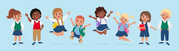 Neşeli Mutlu Okul Çocukları Sırt Çantalarıyla Zıplıyorlar Vektör Illüstrasyonu — Stok Vektör