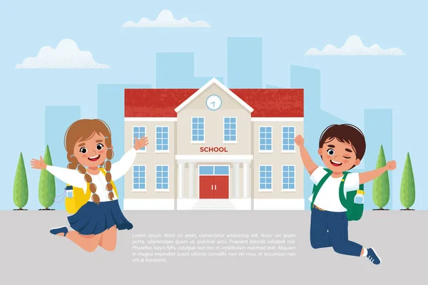 Pupil Girl Boy School Bags School Building Happy Children Back — Stock Vector