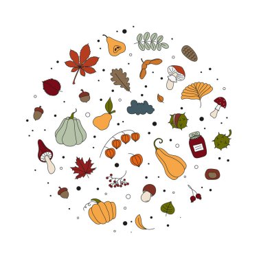 Sonbahar karalama tarzı çizimler, beyaz arka planda izole edilmiş. Vektör İllüstrasyonu