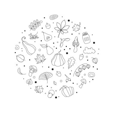Sonbahar ana hatları ayarlandı. Sonbahar Sezon Vektör İllüstrasyonu Doodle stilinde