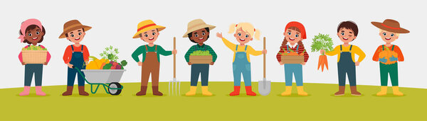 Happy Kids Harvesting Fruits and Vegetables. Farming Children. Summer or Autumn time. Vector illustration in flat style