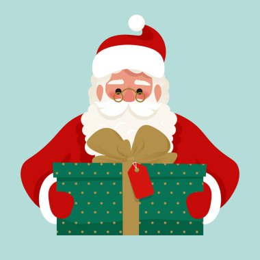 Hediye kutusu olan şirin Noel Baba. Çizgi film tarzında vektör illüstrasyonu