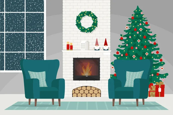 レンガの古典的な暖炉 アームチェア 装飾されたクリスマスツリーと居心地の良いインテリア クリスマス休暇 フラットスタイルのベクトルイラスト — ストックベクタ