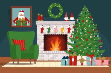 Tuğlalı klasik şömine, koltuk ve süslü Noel ağacı ile samimi bir iç mekan. Noel tatili, Noel Baba 'nın evi. Düz biçimli vektör illüstrasyonu