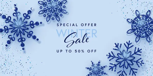 Winter Sale Banner Dark Blue Glitter Snowflakes Merry Christmas Happy — Stock Vector