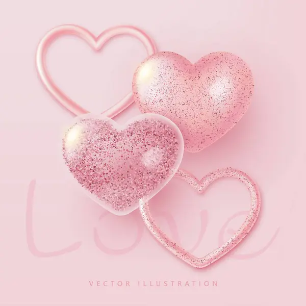 Valentines Day Romantic Creative Composition Glossy Pink Hearts Vector Illustration — Stock Vector