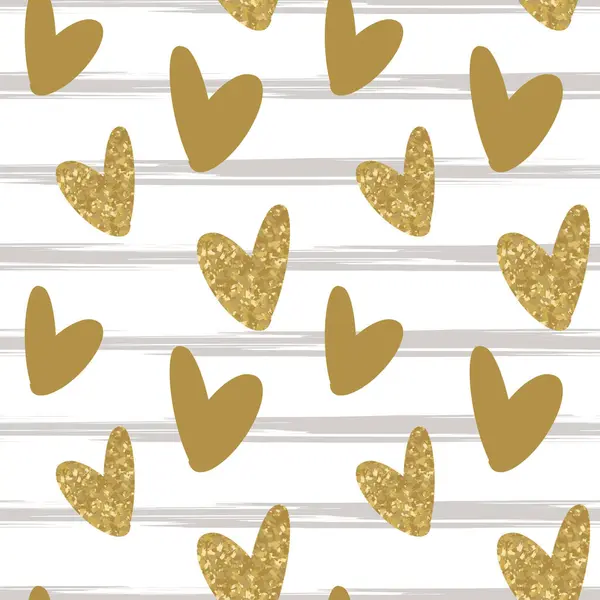 Handritade Gold Glitter Hearts Brush Stripes Sömlöst Mönster Vektorillustration — Stock vektor
