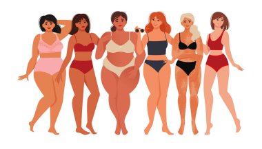 Farklı etnik kökenlere, figürlere ve biçimlere sahip kadınlar bir arada durur ve sarılırlar. Titreşimler, Uluslararası Kadınlar Günü. Düz biçimli vektör illüstrasyonu