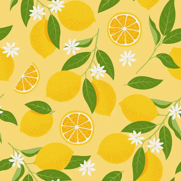 Tropický Bezešvý Vzor Žlutými Citrony Citrusové Plody Vektorové Ilustrace Plochém — Stockový vektor