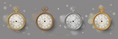 Farklı metal renklerde, klasik cep saatleri. Gerçekçi 3B biçiminde vektör illüstrasyonu