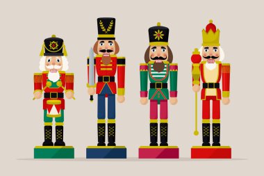 Geleneksel Noel Fındıkkıran Oyuncak Asker Oyuncak Takımı. Gösterişli düz bir şekilde vektör illüstrasyonu