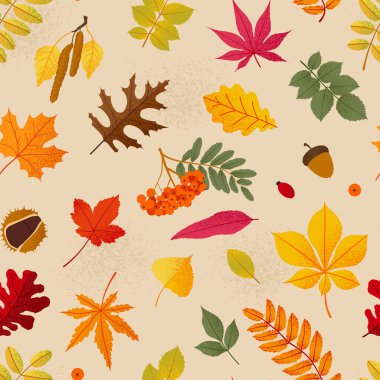 Autumn seamless pattern with different leaves. Vector illustration in trendy flat style