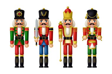 Geleneksel Noel Fındıkkıran Oyuncak Asker Oyuncak Takımı. Gerçekçi 3B biçiminde vektör illüstrasyonu