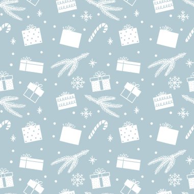 Hediye kutularıyla kusursuz bir Noel deseni. Kış monokrom arka planı. Elle çizilmiş karalama biçiminde vektör illüstrasyonu