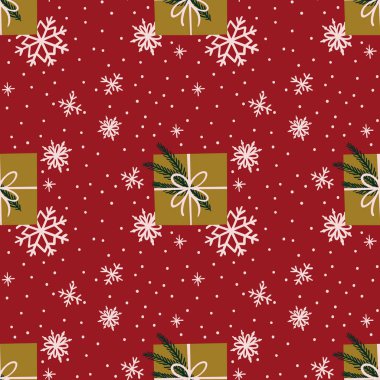 Hediye kutuları ve firavun dallarında kusursuz Noel desenleri. Moda El Çizimi vektör çizimi basit bir stilde