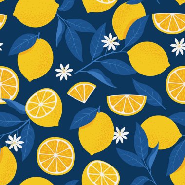 Akdeniz tarzında Limonlar Kusursuz Desen. Düz biçimli vektör illüstrasyonu