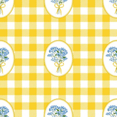 Coquette sarmaşık çiçekli, dikişsiz desenli, bakımlı bir arka plan. Kumaş, duvar kağıdı, ambalaj kağıdı veya giysi için klasik Rustik tasarım. El çizimi Myosotis buket vektör çizimi