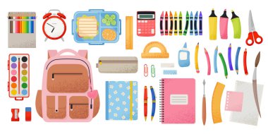 Büyük bir okul malzemesi seti. Okula dönüş konsepti. Düz moda vektör illüstrasyonuName