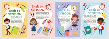 Okul broşürleri ya da Sevimli Çocuklar ve Okul Malzemeleri ile Posterler. Şirin düz biçimli vektör illüstrasyonu
