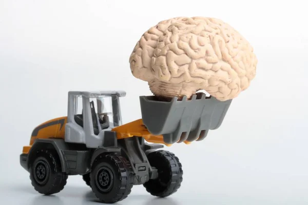 Escavadeira Brinquedo Levantando Cérebro Humano — Fotografia de Stock