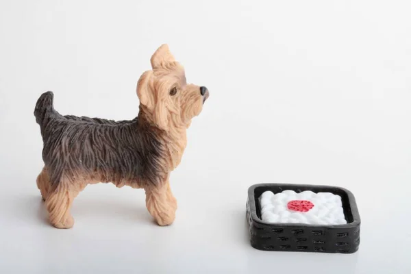 Miniaturowa Figurka Psa Yorkshire Misą Jedzeniem — Zdjęcie stockowe