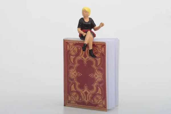 Büyük Bir Kitabın Üzerinde Oturan Minyatür Bir Kadın Figürü — Stok fotoğraf