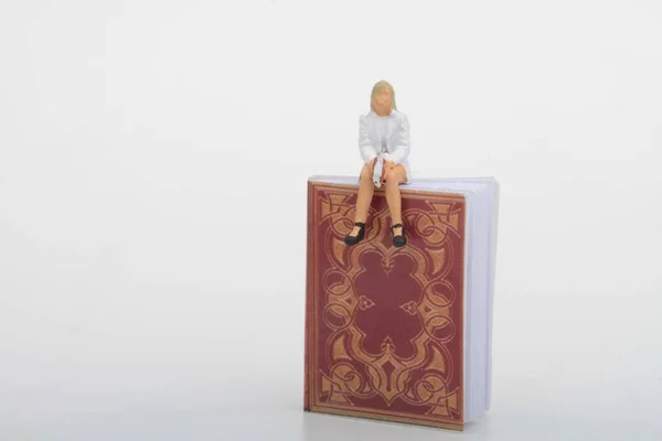 大きな本の上に座っている女性のミニチュアフィギュア — ストック写真