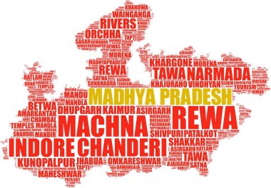 Madhya Pradesh Hindistan haritası kelime bulut illüstrasyonu