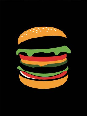 Siyah arka planda yüzen bir hamburger veya çizburgerin çizimi