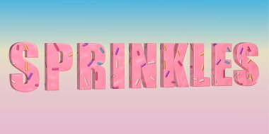 Pembe arka planda izole edilmiş konfeti serpiştirilmiş çok renkli şeker parçacıklarından yapılmış kelimenin 3 boyutlu illüstrasyonu