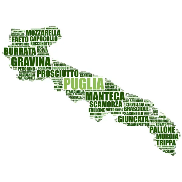 stock vector Italian region Puglia map silhouette word cloud made of local names of foods and wines