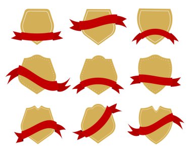 Collection of Golden Blank Badge or Shield Shape with Red Ribbons.