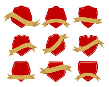 Collection of Red Blank Badge or Shield Shape with Golden Ribbons.