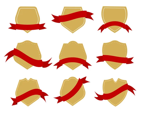 Collection Golden Blank Badge Shield Shape Red Ribbons — Image vectorielle