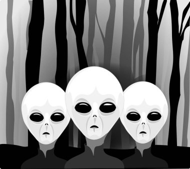 Ormandaki üç uzaylının resimleri.